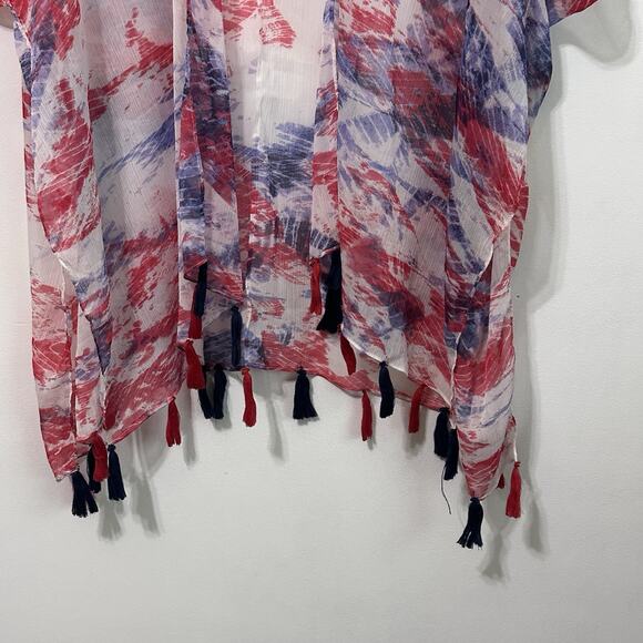 Steve Madden Kaftan One Size Red White Blue Sheer Tassel Beach Cover NEW - Picture 2 of 7